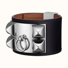 Hermès Bracelete de Couro Collier de Chien Inspired Preto e Prata	